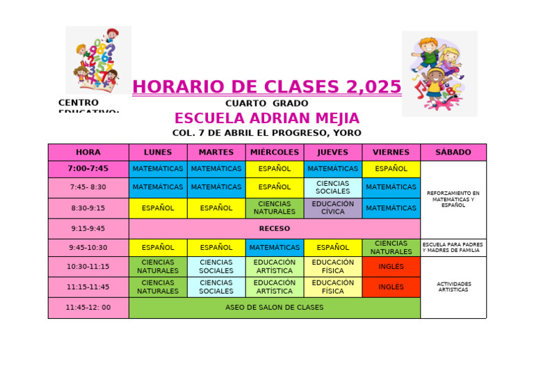 Horario Clases Cuarto Grado 2025 | PDF