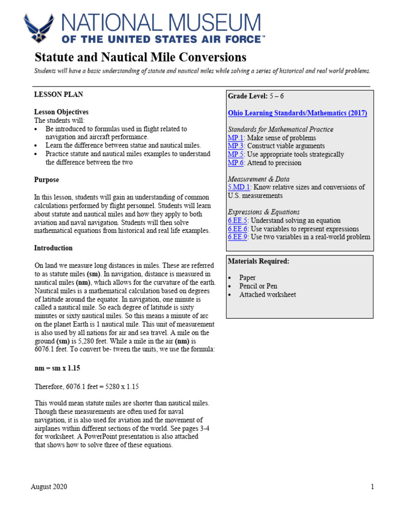 Statute and Nautical Mile Lesson Plan | PDF | Navigation