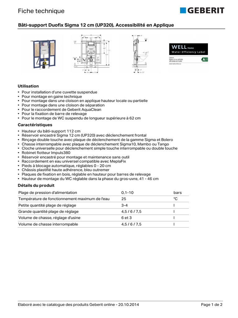 Bâti-support Geberit UP320: Installation et Caractéristiques | PDF