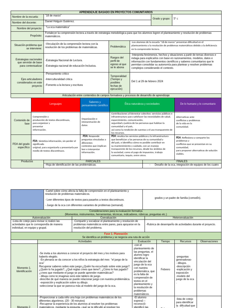 Febrero PLANEACION POR PROYECTOS 5 | PDF | Comprensión lectora | Maestros