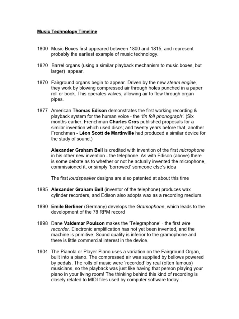 Music Technology Milestones Timeline | PDF | Sound Recording And ...