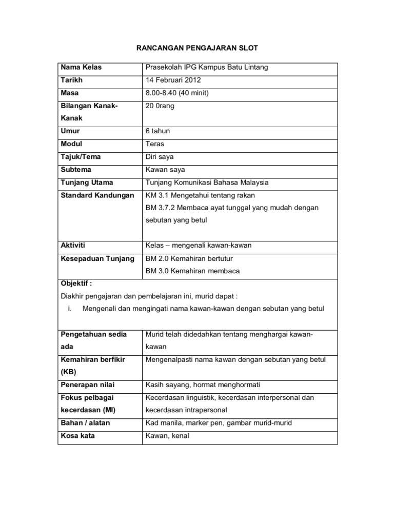 Rancangan Pengajaran Slot Pdf