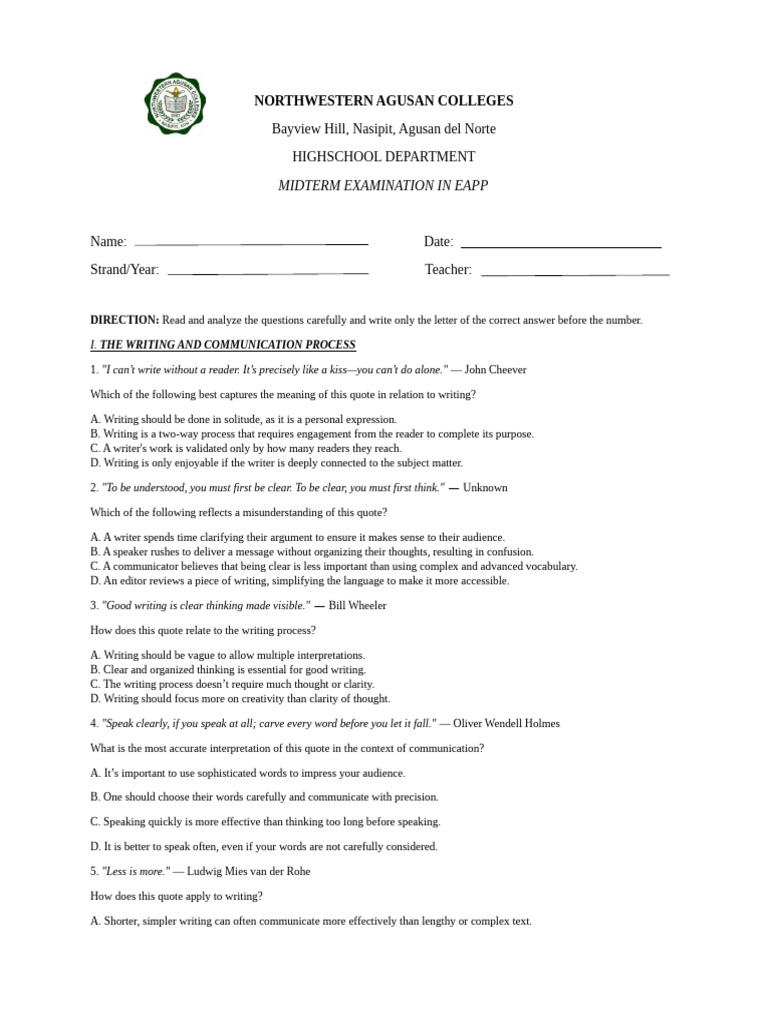 Eapp Midterm Exam | PDF | Communication | Essays