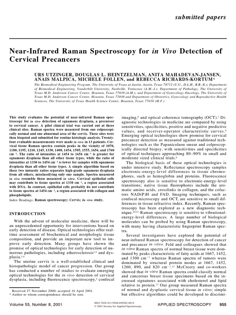 Utzinger Et Al 2001 Near Infrared Raman Spectroscopy For in Vivo ...