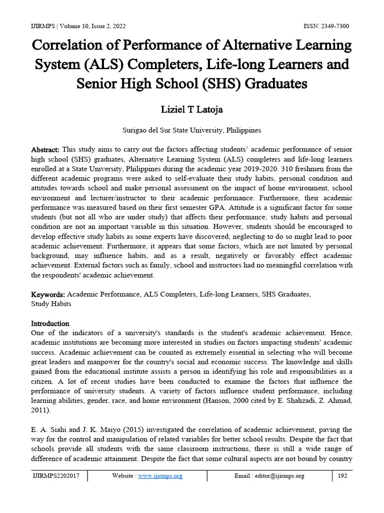 Correlation of Performance of Alternative Learning System (ALS ...