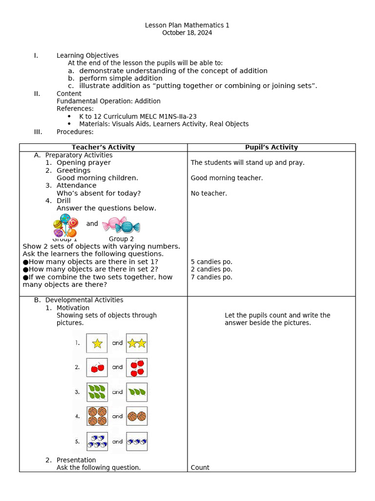 Addition Lesson Plan for Grade 1 | PDF | Lesson Plan | Teaching