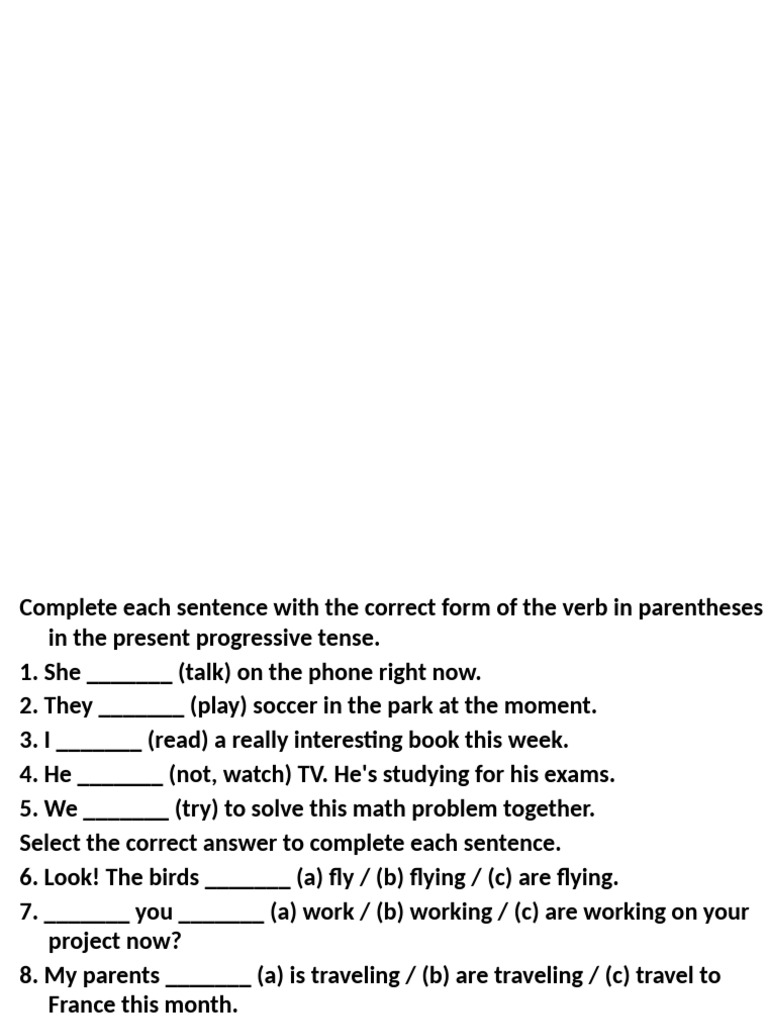 Present Progressive Verb Exercises | PDF