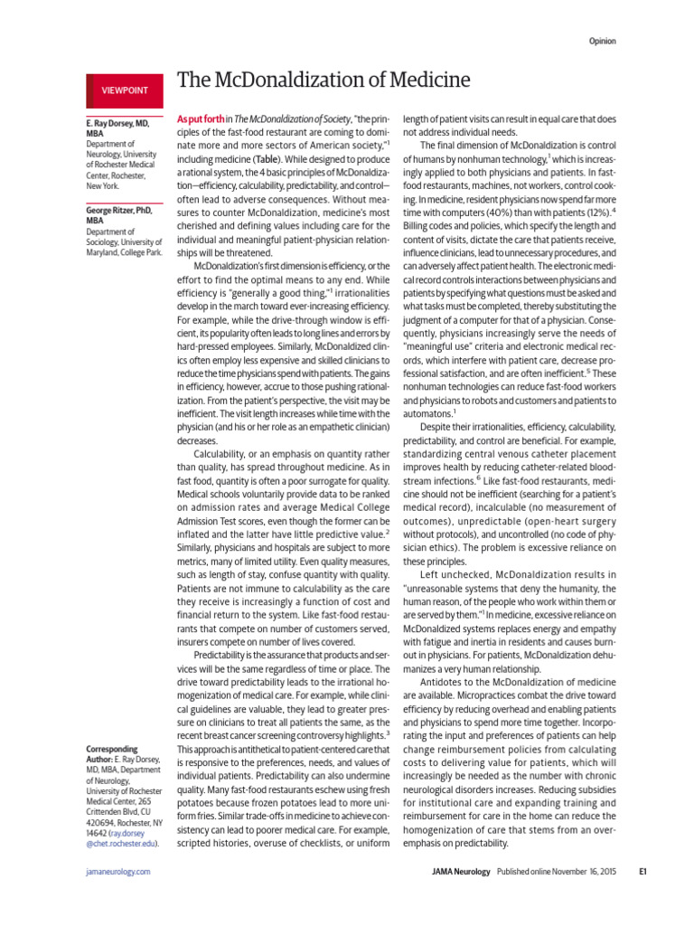 The McDonaldization of Medicine | PDF | Patient | Physician