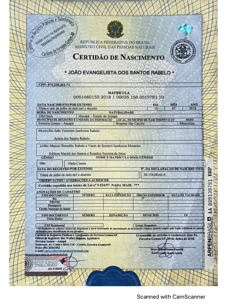 Certidão de Nascimento João Filho | PDF