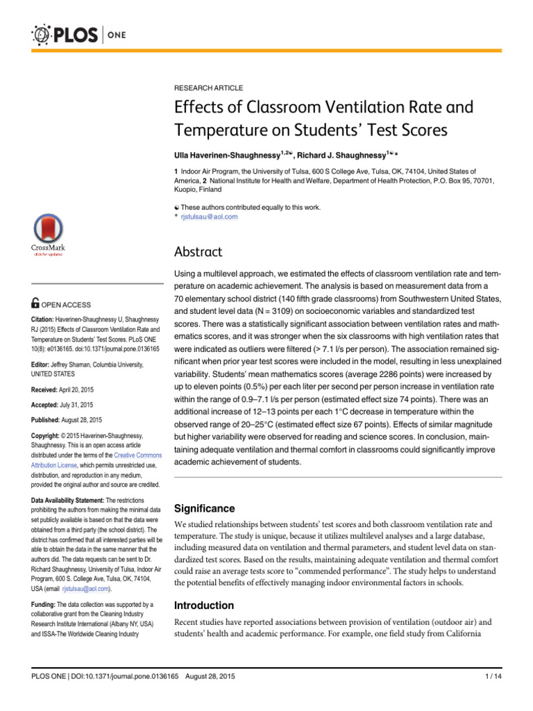 Effects of Classroom Ventilation Rate On Student Test Scores | PDF ...