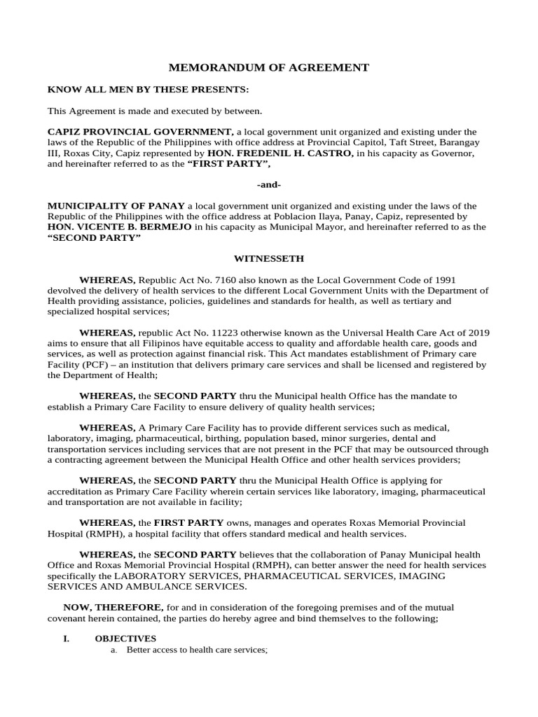 Memorandum of Agreement | PDF | Guarantee | Hospital