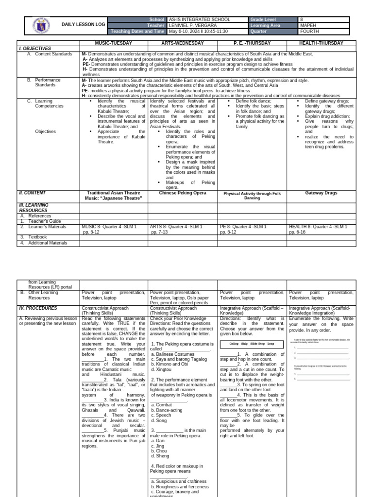 Grade 8 MAPEH Daily Lesson Plan | PDF | Drugs | Cannabis (Drug)
