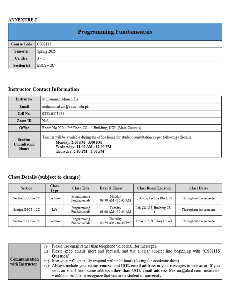 Course Contents Schedule - Annexure-I - PF-2C | PDF | Pointer (Computer ...