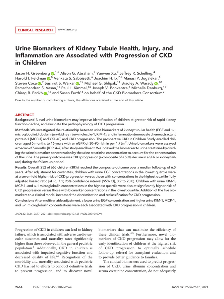 Urine Biomarkers of Kidney Tubule Health, Injury,.29 | PDF | Chronic ...