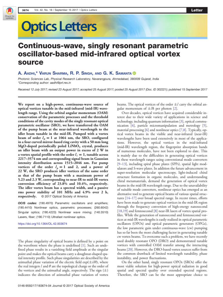 Mid-IR Optical Vortex Source Development | PDF | Nonlinear Optics | Optics