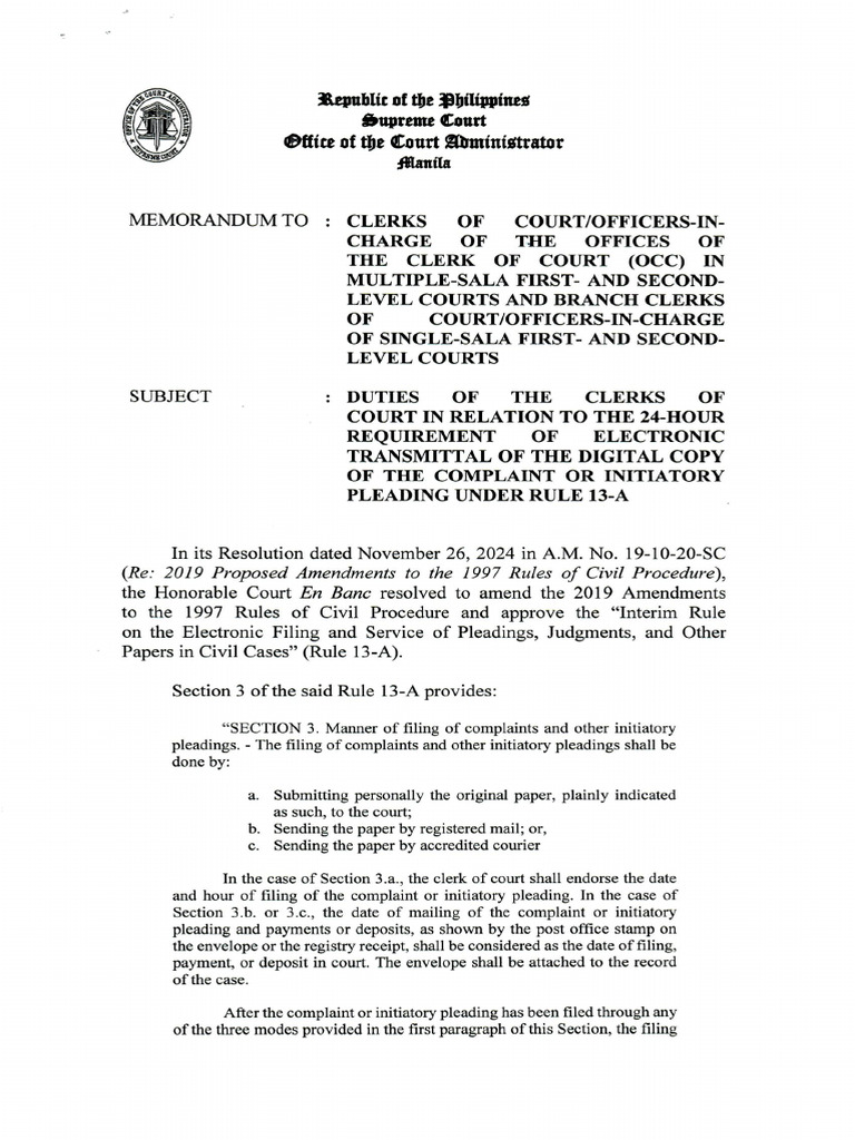Duties of Clerks Under Rule 13-A | PDF | Complaint | Pleading