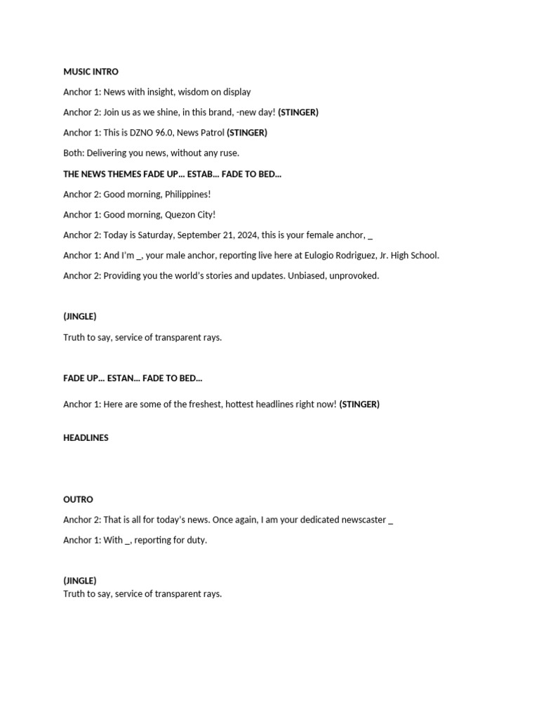 DZNO 96.0 News Intro Script | PDF