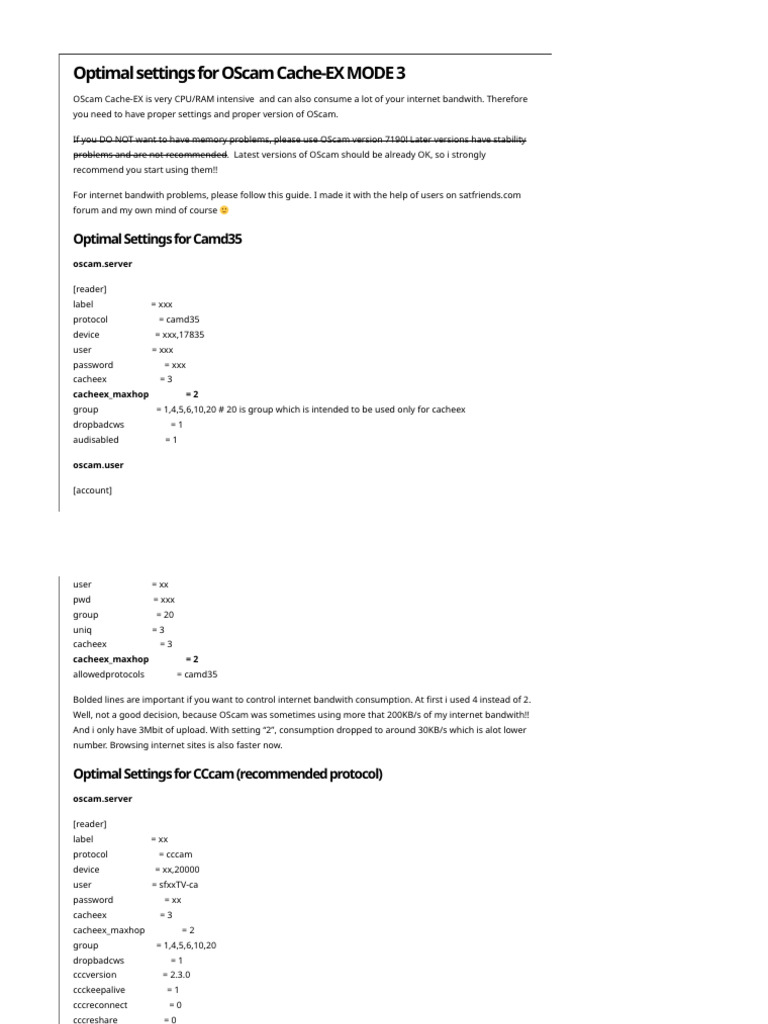 OScam Cache-EX Mode 3 Settings Guide | PDF | Digital Technology | Computing