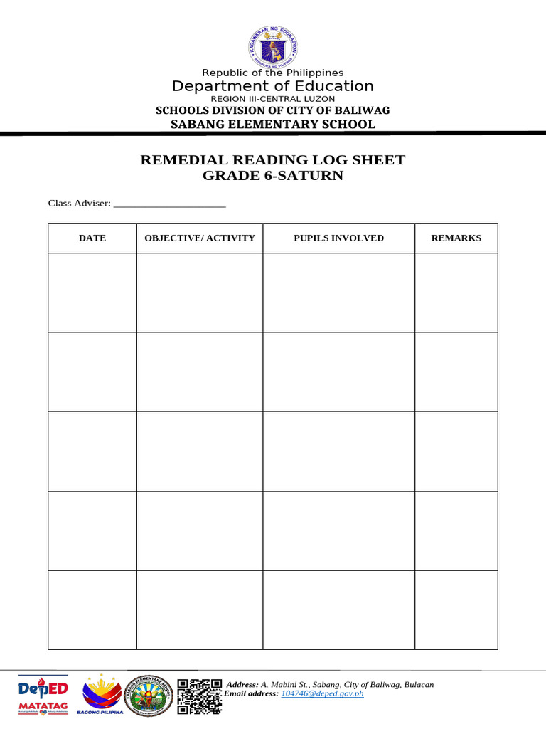 Remedial Reading Log Sheet | PDF