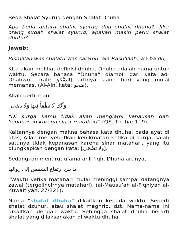 Perbedaan Shalat Syuruq dan Dhuha | PDF