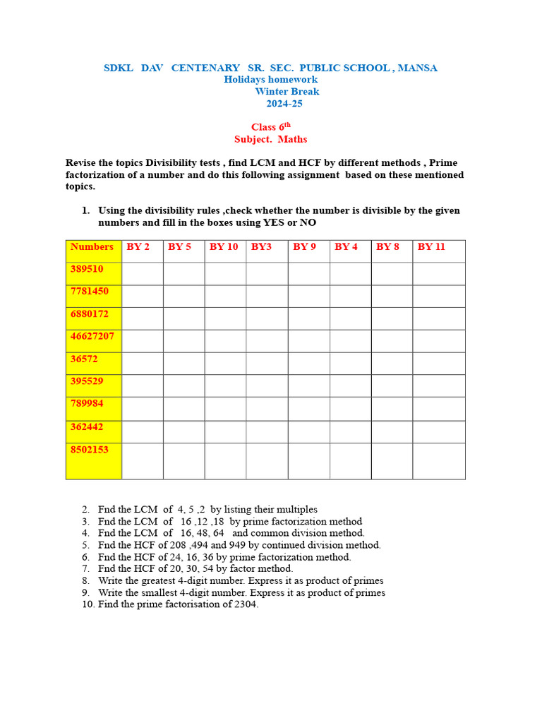 Holidays Homework Class 6th... 2024-25....... | PDF
