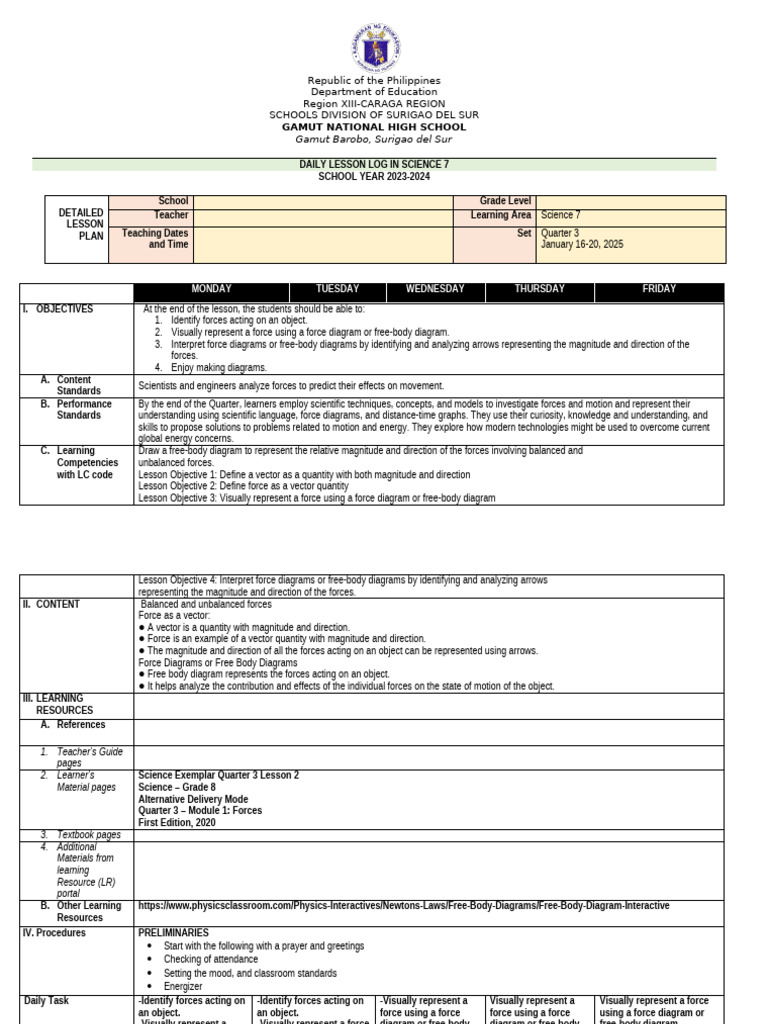 Daily Science Lesson Plan for Grade 7 | PDF | Force | Euclidean Vector