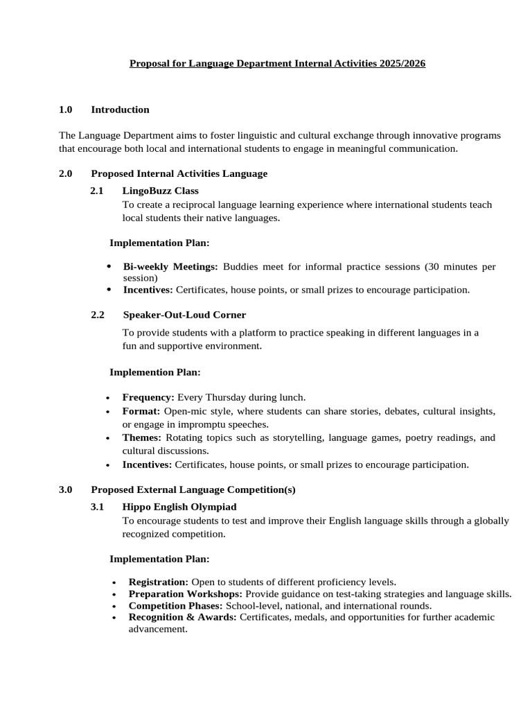 Language Department Activities Proposal 2025 | PDF