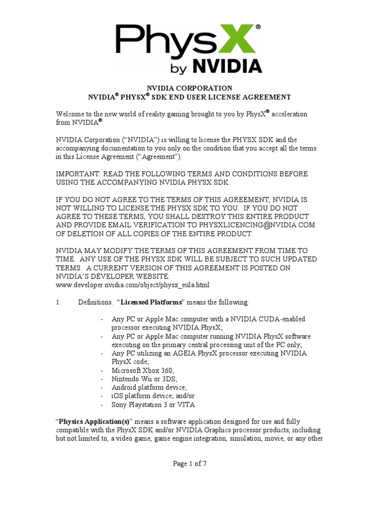 Nvidia Physx SDK Eula | PDF | License | Source Code