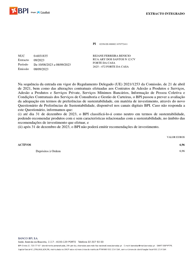 Extrato Bancário BPI - Set 2023 | PDF | Setor privado | Business