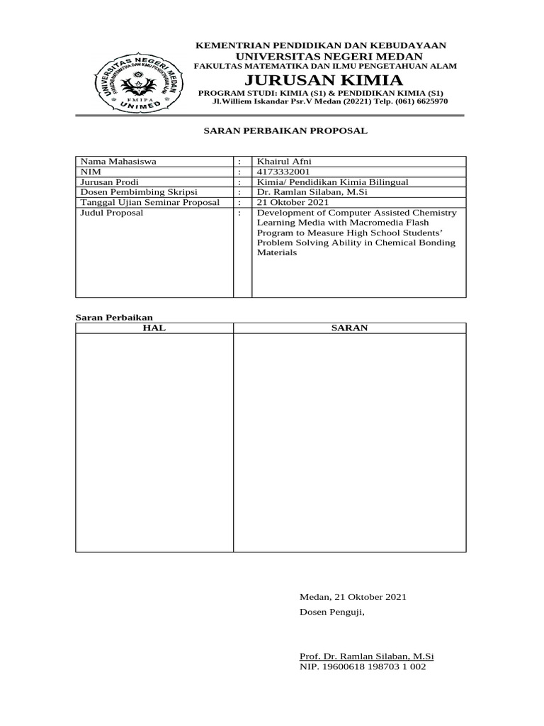 Saran Perbaikan Proposal Skripsi Kimia | PDF