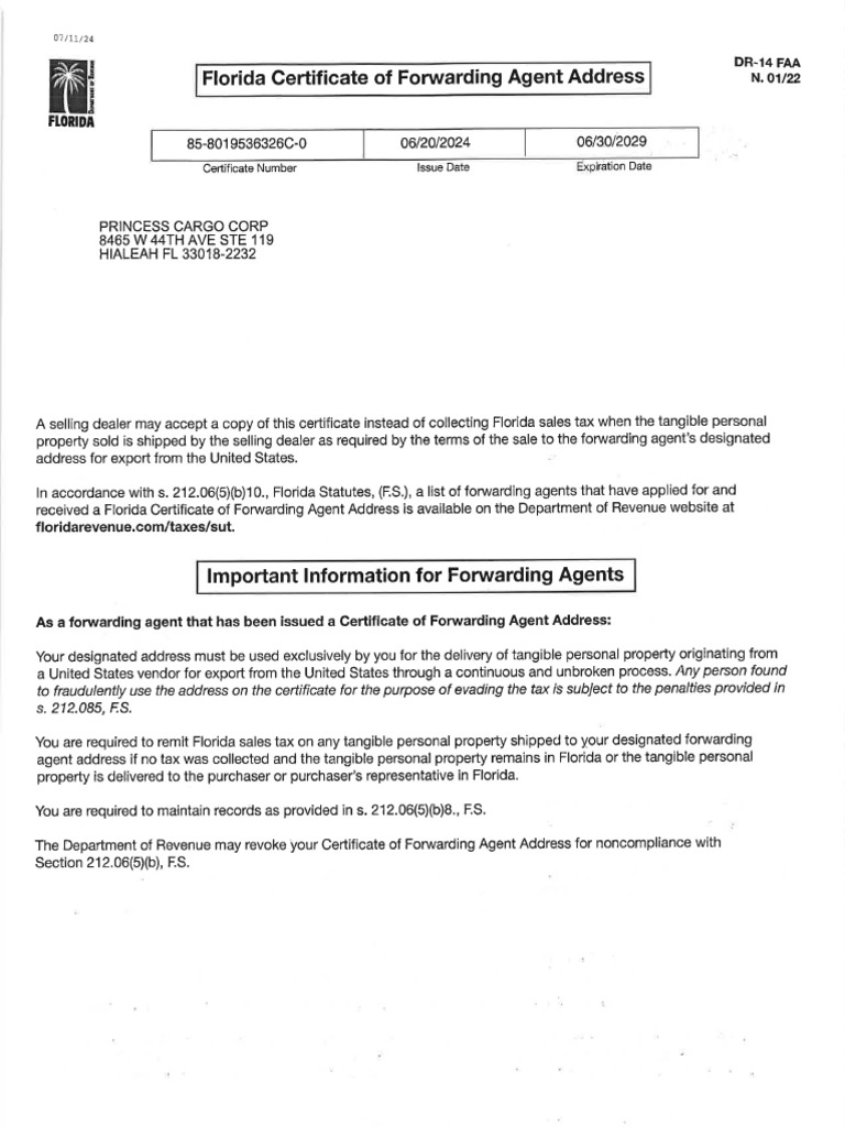 Florida Certificate of Forwarding Agent Address PRINCESS CARGO CORP | PDF