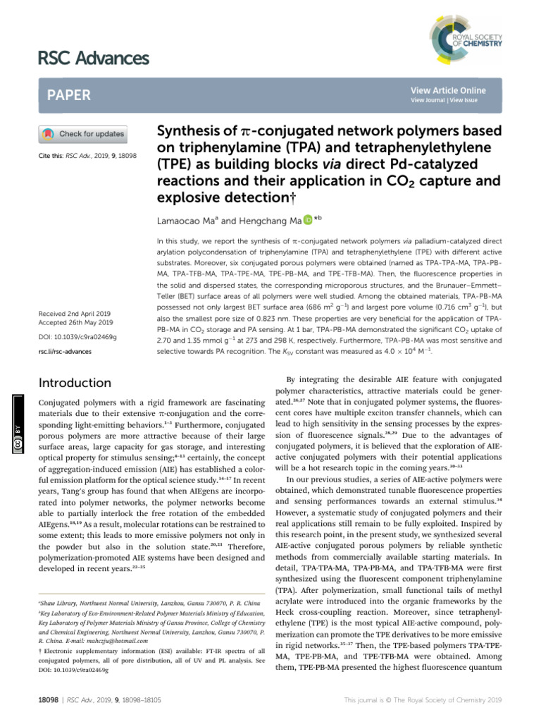 Synthesis of AIE-Conjugated Polymers | PDF | Adsorption | Nuclear ...