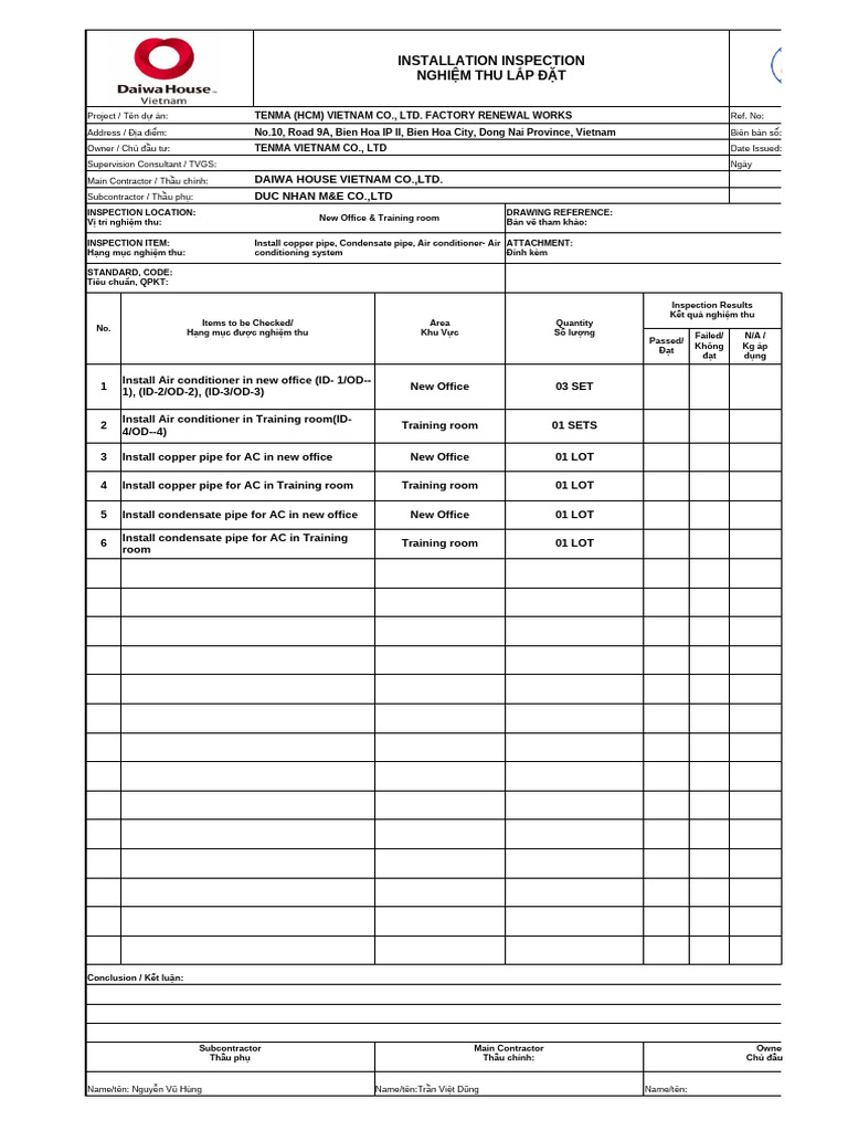 Installation Inspection - (No. 4) Copper Pipe, Drain Pipe, AC | PDF