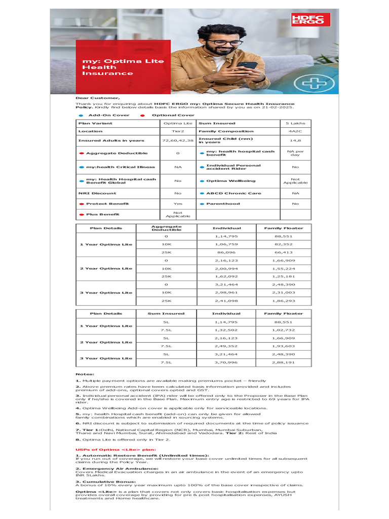 HDFC ERGO Optima Lite Health Plan Details | PDF | Insurance | Public ...
