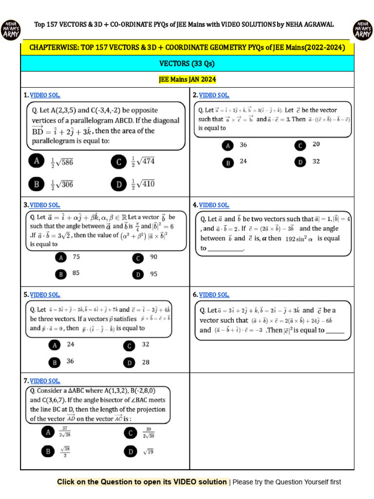 JEE Mains Vectors & 3D PYQs Solutions | PDF | Geometry | Differential ...