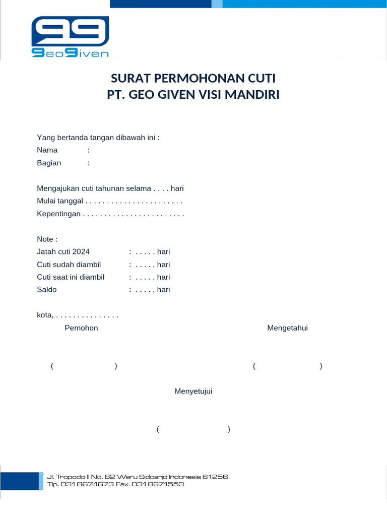 Surat Permohonan Cuti Tahunan 2024 | PDF