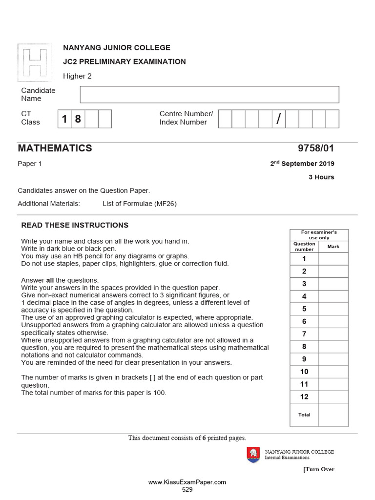 JC2 Maths H2 2019 Nanyang | PDF | Variance | Equations