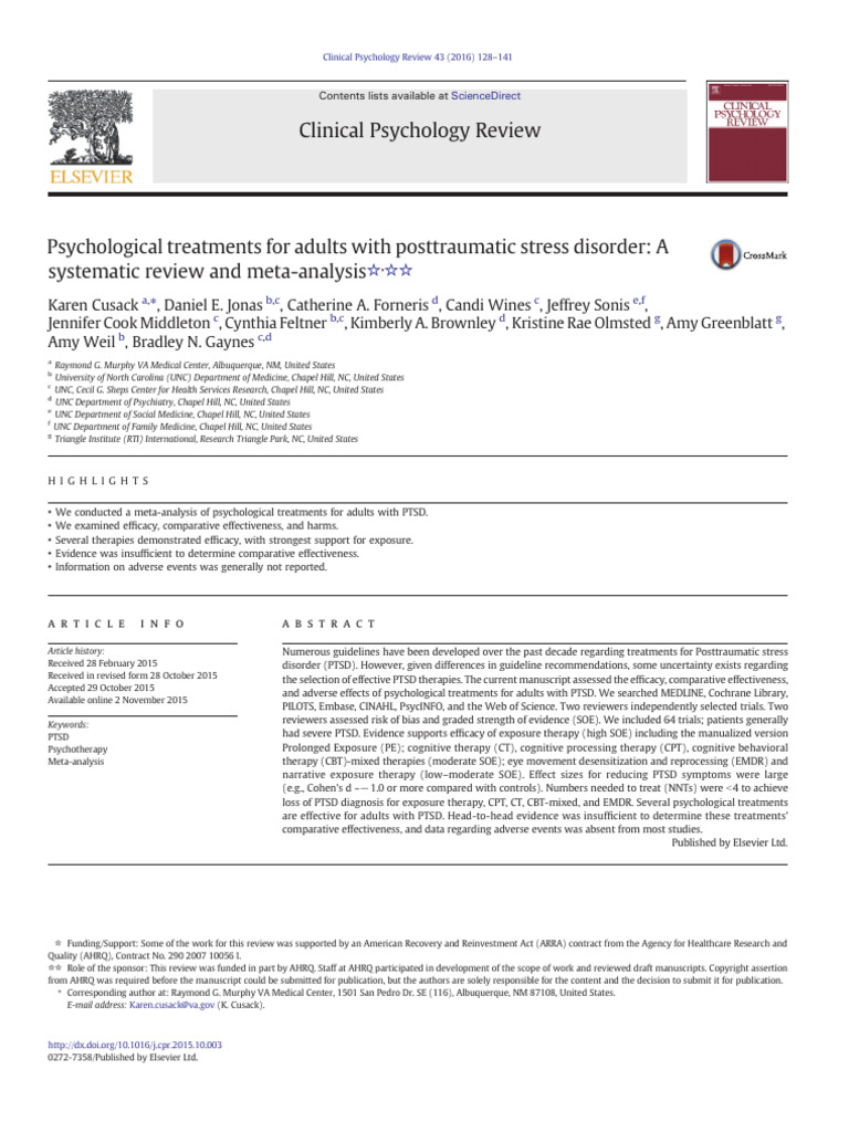 Psychological Treatments For Adults With Posttraumatic Stress Disorder ...