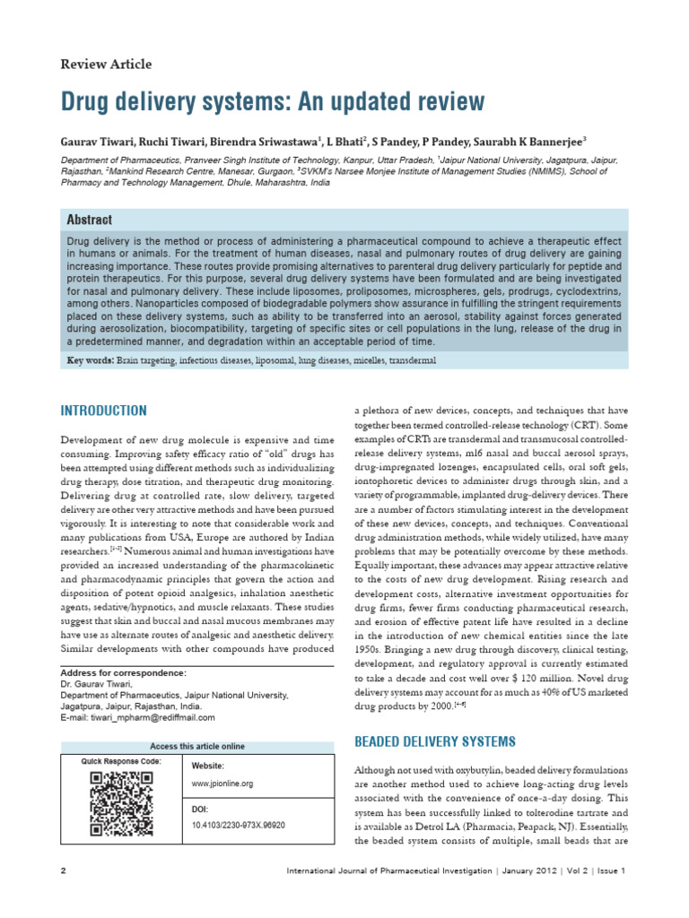 Updated Review on Drug Delivery Systems | PDF | Liposome | Pharmacology