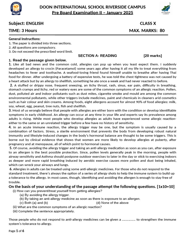 Class X English Pre Board Exam 2025 | PDF | Allergy | Allergen