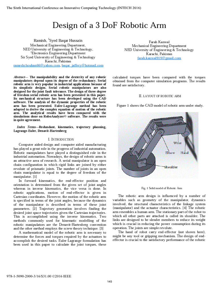 Design and Analysis of 3 DoF Robotic Arm | PDF | Kinematics | Robotics