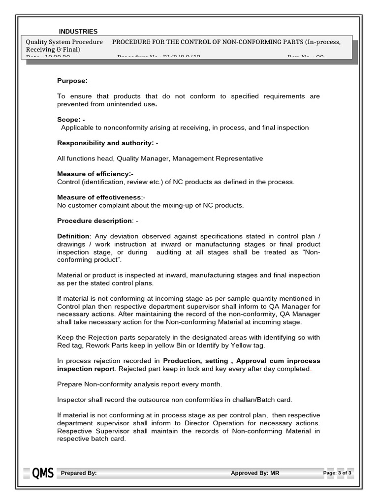 Control Procedure for Non-Conforming Parts | PDF