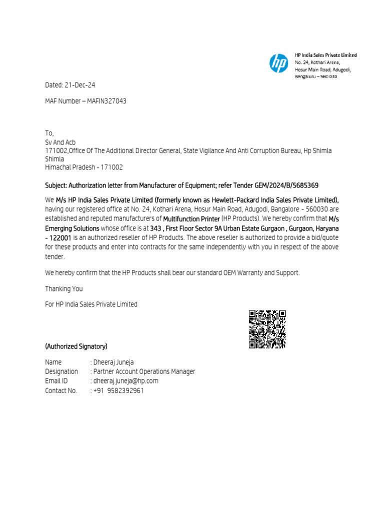 HP Reseller Authorization Letter | PDF