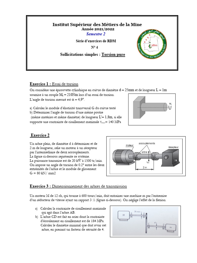 Exercices de RDM : Torsion et Dimensionnement | PDF | Contrainte de ...