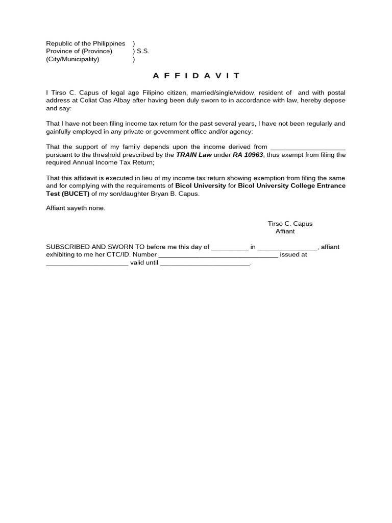 Affidavit of Low Income Sample Philippines | PDF