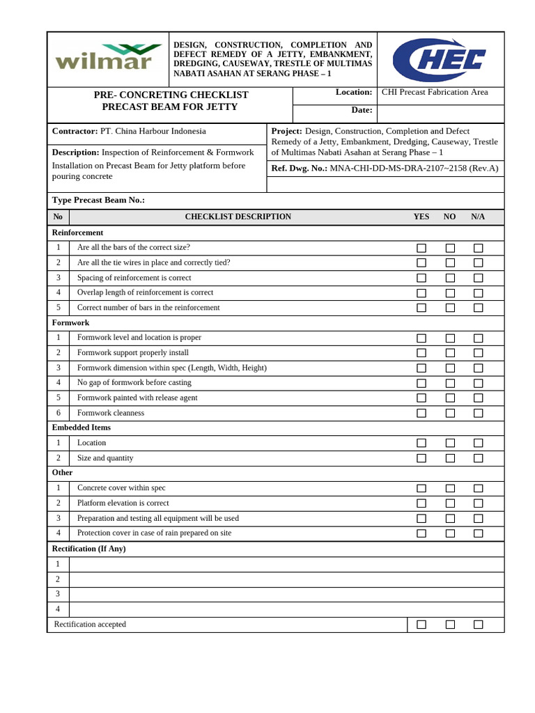 Jetty Precast Beam Inspection Checklist | PDF | Precast Concrete | Concrete