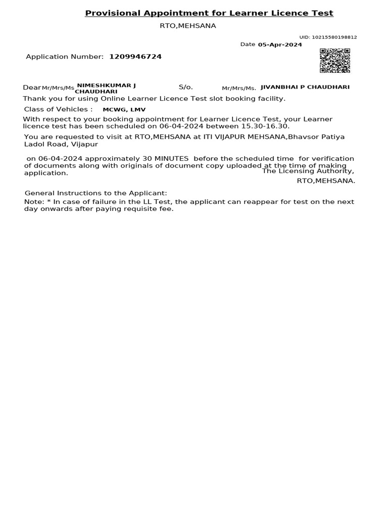 Provisional Appointment For Learner Licence Test | PDF
