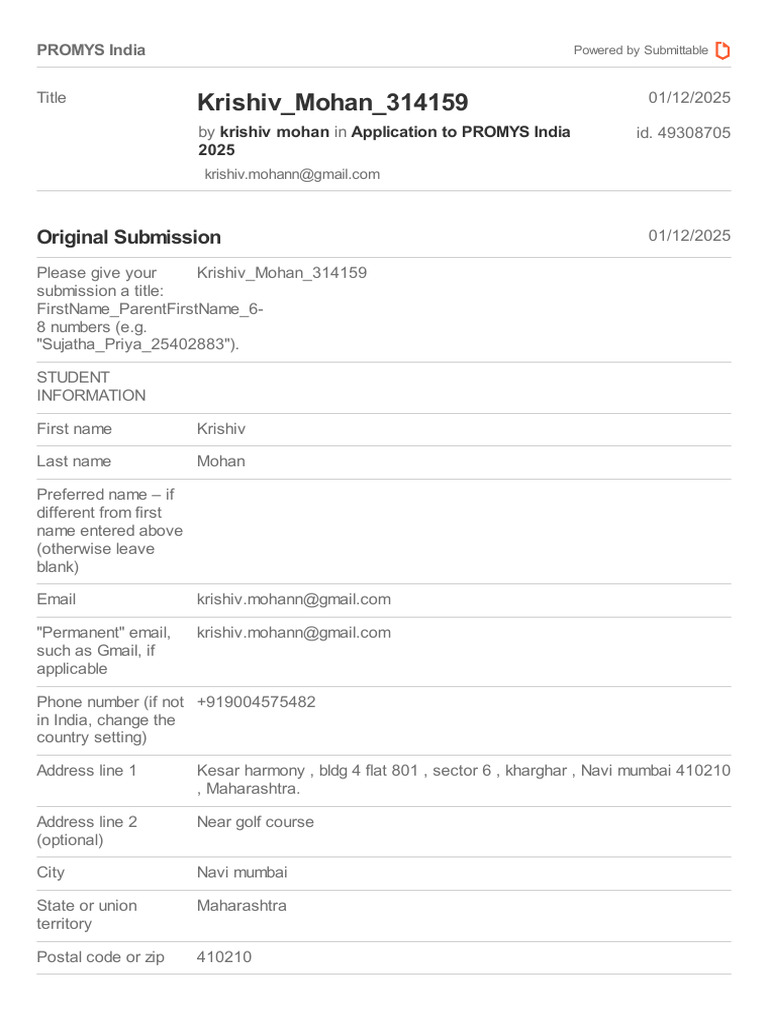 PROMYS India Application: Krishiv Mohan | PDF | Mathematical Analysis ...