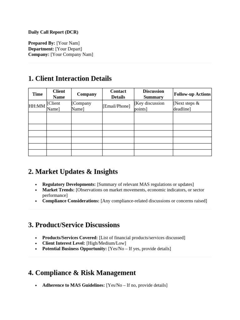 Daily Call Report Template for Finance | PDF