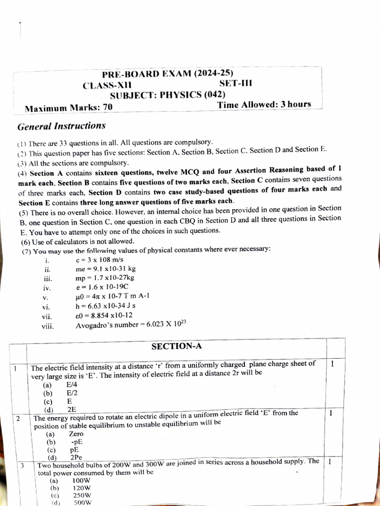 Class XII Physics Pre-Board Exam 2024-25 | PDF | Electron ...
